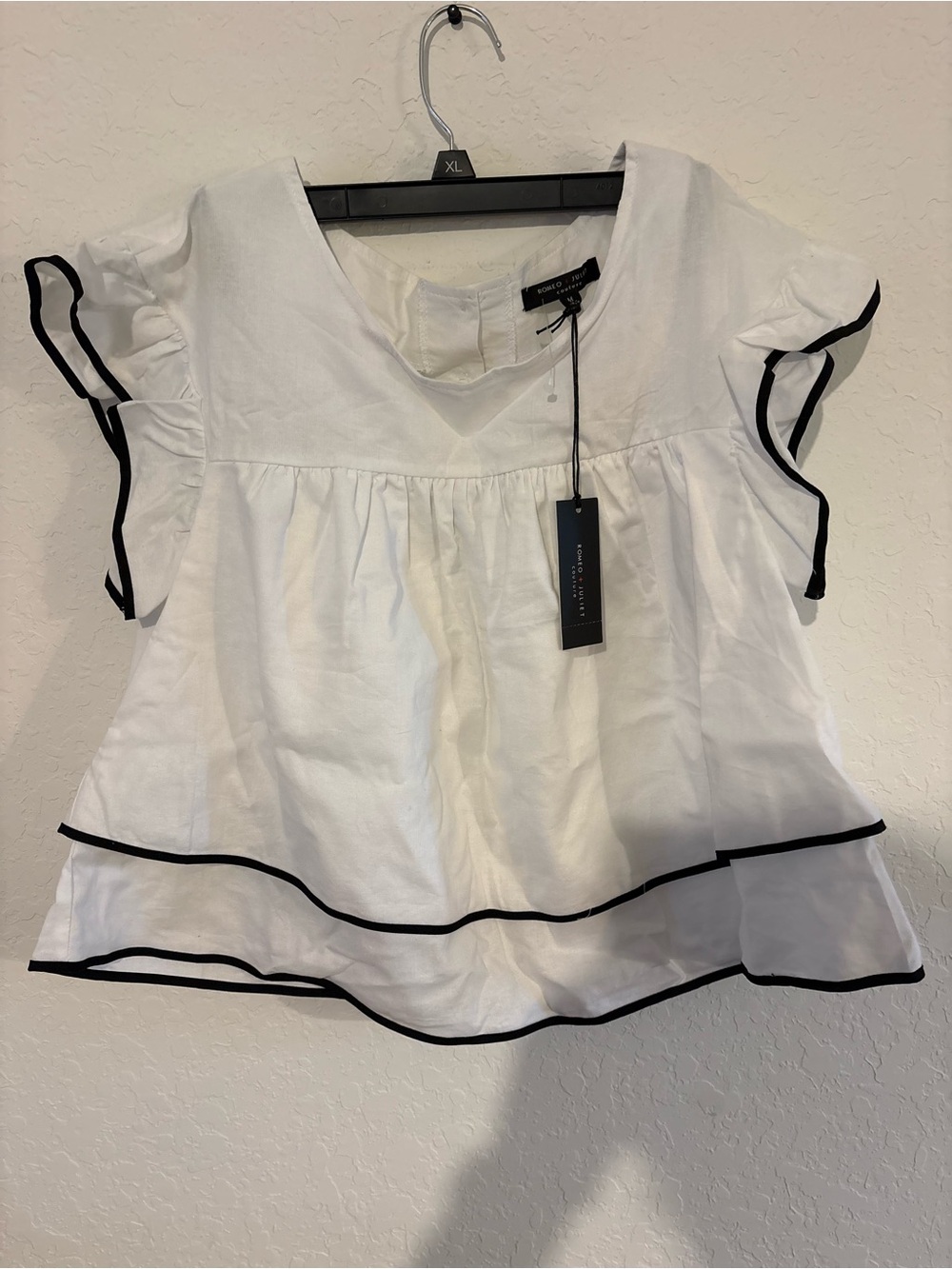 LoveShackFancy White Cotton Ruffle Sleeve Top with Black Trim